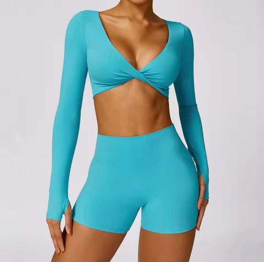 Women's Yoga Set: 2-Piece Workout Tracksuit with Long Sleeve Crop Top and High Waist Leggings